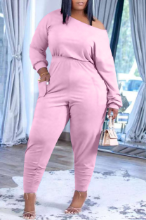 Pink Casual Solid Split Joint One Shoulder Long Sleeve Two Pieces