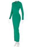 Green Sexy Casual Solid Backless Slit O Neck Long Sleeve Dresses