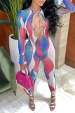 Powder Blue Fashion Casual Print Bandage Hollowed Out O Neck Skinny Jumpsuits