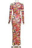 Colour Fashion Sexy Print Slit O Neck Long Sleeve Dresses