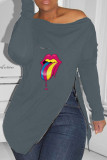 Pink Fashion Casual Lips Printed Slit Zipper O Neck Tops