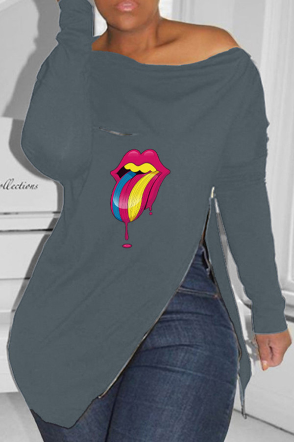 Grey Fashion Casual Lips Printed Slit Zipper O Neck Tops