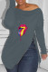 Grey Fashion Casual Lips Printed Slit Zipper O Neck Tops
