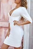 White Fashion Sexy Solid Patchwork V Neck One Step Skirt Dresses