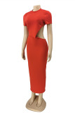 Tangerine Red Fashion Sexy Solid Backless O Neck Short Sleeve Irregular Dress