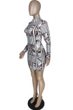 White Fashion Casual Print Basic O Neck Long Sleeve Dresses