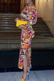 Colour Fashion Sexy Print Slit O Neck Long Sleeve Dresses