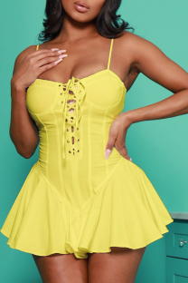 Yellow Sexy Solid Hollowed Out Draw String Spaghetti Strap Cake Skirt Dresses