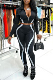 Black Fashion Casual Patchwork Basic Zipper Collar Long Sleeve Two Pieces