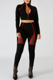 Red Casual Sportswear Patchwork See-through Zipper Collar Long Sleeve Two Pieces