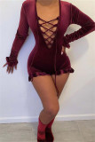 Burgundy Sexy Casual Solid Bandage Hollowed Out V Neck Skinny Romper