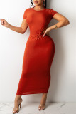 Tangerine Red Fashion Sexy Solid Backless O Neck Short Sleeve Irregular Dress