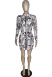 White Fashion Casual Print Basic O Neck Long Sleeve Dresses