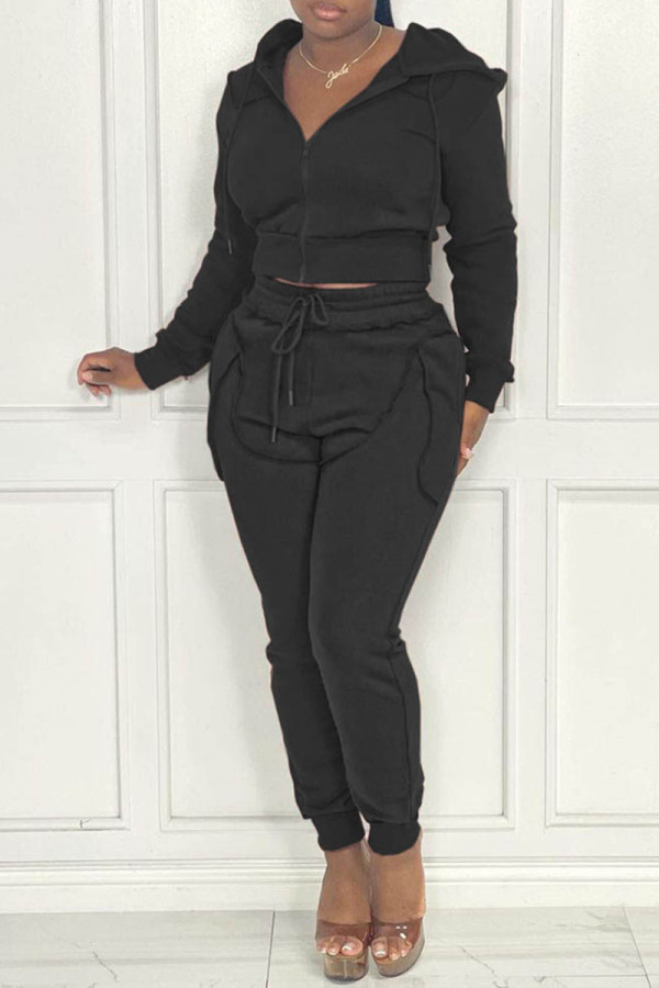 Black Fashion Casual Solid Zipper Hooded Collar Long Sleeve Two Pieces