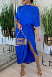 Blue Fashion Casual Solid Patchwork Oblique Collar Irregular Dress