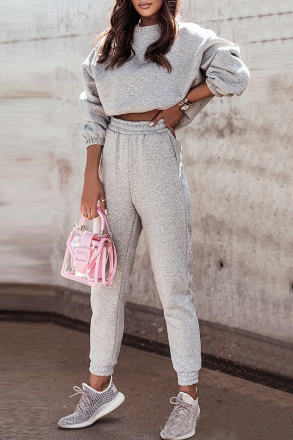Grey Fashion Casual Solid Basic O Neck Long Sleeve Two Pieces