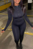 Black Fashion Casual Solid Basic Zipper Collar Long Sleeve Two Pieces