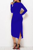 Blue Fashion Casual Solid Split Joint Asymmetrical O Neck Long Sleeve Dresses