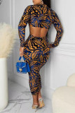 Light Brown Fashion Sexy Print Backless Half A Turtleneck Long Sleeve Dresses