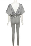 Grey Fashion Casual Solid Backless Off the Shoulder Short Sleeve Two Pieces