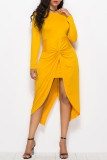 Yellow Fashion Casual Solid Split Joint Asymmetrical O Neck Long Sleeve Dresses