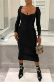 Black Sexy Casual Solid Slit Square Collar Long Sleeve Dresses