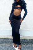 Black Fashion Sexy Solid Hollowed Out Half A Turtleneck Long Sleeve Dresses
