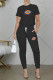 Black Fashion Casual Print Patchwork O Neck Short Sleeve Two Pieces