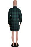 Green Casual Plaid Print Split Joint Buckle Turndown Collar Shirt Dress Dresses(Without Belt)