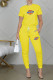 Yellow Fashion Casual Print Patchwork O Neck Short Sleeve Two Pieces