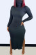 Black Fashion Casual Solid Slit Turtleneck Long Sleeve Dresses