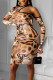 Multicolor Sexy Print Hollowed Out Patchwork Asymmetrical O Neck Pencil Skirt Dresses