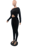 Black Sexy Solid Split Joint One Shoulder Long Sleeve Two Pieces