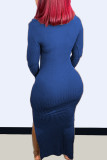 Dark Blue Fashion Casual Solid Slit Turtleneck Long Sleeve Dresses