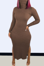 Brown Fashion Casual Solid Slit Turtleneck Long Sleeve Dresses