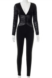 Black Fashion Sexy Patchwork Solid See-through V Neck Skinny Jumpsuits