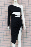 Black Sexy Solid Hollowed Out Patchwork Draw String Fold Asymmetrical Oblique Collar One Step Skirt Dresses