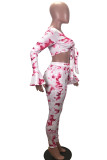 White Sexy Casual Print Bandage V Neck Long Sleeve Two Pieces