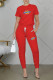 Red Fashion Casual Print Patchwork O Neck Short Sleeve Two Pieces