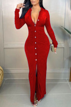Red Sexy Solid Split Joint Buckle Fold Turndown Collar A Line Dresses