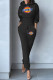 Black Fashion Street Print Patchwork Hooded Collar Long Sleeve Two Pieces