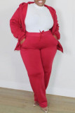 Red Fashion Casual Solid Cardigan Pants Hooded Collar Plus Size Two Pieces