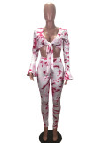 White Sexy Casual Print Bandage V Neck Long Sleeve Two Pieces