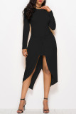 Black Fashion Casual Solid Split Joint Asymmetrical O Neck Long Sleeve Dresses