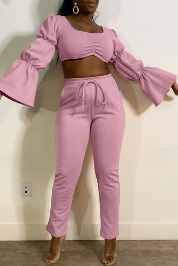 Pink Fashion Casual Solid Basic Square Collar Long Sleeve Two Pieces