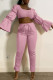 Pink Fashion Casual Solid Basic Square Collar Long Sleeve Two Pieces