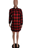 Red Casual Plaid Print Split Joint Buckle Turndown Collar Shirt Dress Dresses(Without Belt)