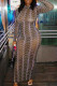 Black Silver Sexy Patchwork Hot Drilling See-through Turtleneck Long Sleeve Dresses