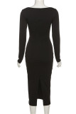 Black Sexy Casual Solid Slit Square Collar Long Sleeve Dresses