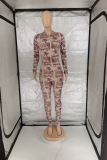 Coffee Sexy Print Patchwork O Neck Skinny Jumpsuits